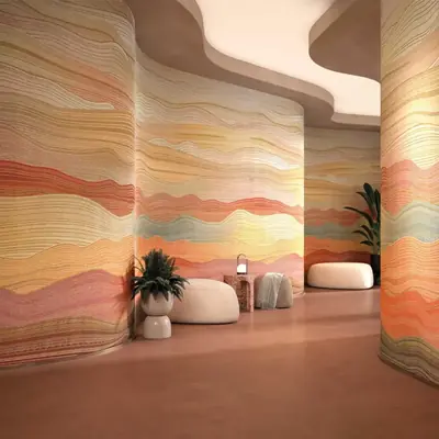 Curved wall covered with colourful wave-pattern designer wallpaper