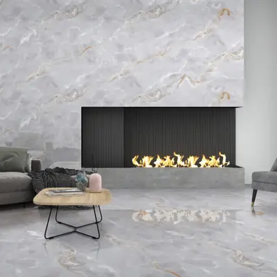 Living room with fireplace and grey marble-effect Italian porcelain tiles on floor and wall
