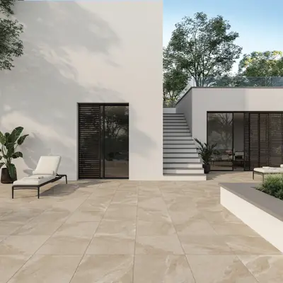 Outdoor terrace paved with 2 cm thick Italian porcelain tiles