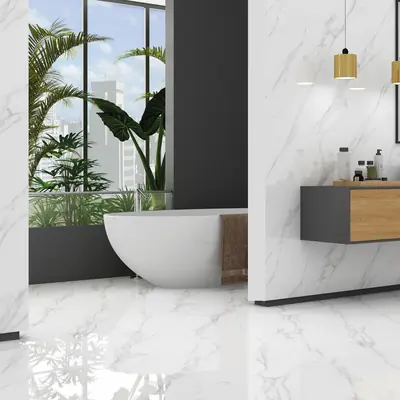 Bathroom with white marble-effect Italian porcelain tiles on floor and walls