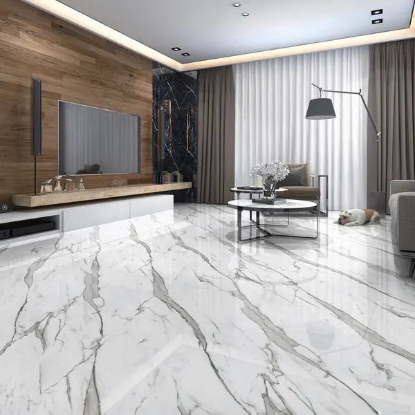 Living room with a white marble-effect Italian porcelain tile floor bought online