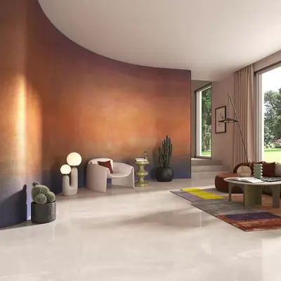Living room with a light porcelain tile floor and a curved copper wall, on special offer