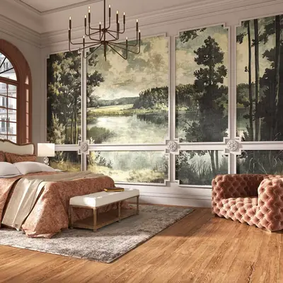 Bedroom with landscape-print wallpaper